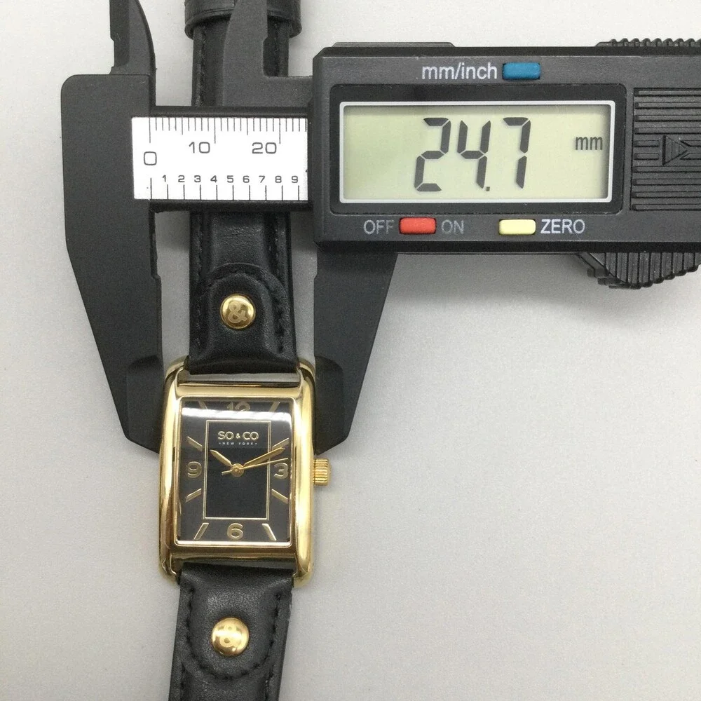 SO&CO New York Womens Watch 25mm Black Dial Gold Tone Leather Strap New Battery